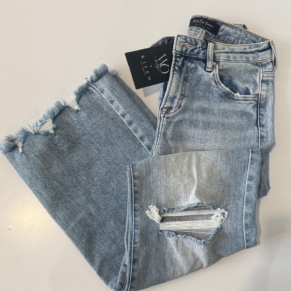 Risen Light Blue Distressed Wide Leg Jeans with Frayed Hem